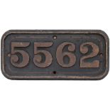 GWR cast iron cabside numberplate 5562 ex Collett 2-6-2 T built at Swindon in 1928. It spent most of