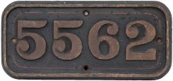 GWR cast iron cabside numberplate 5562 ex Collett 2-6-2 T built at Swindon in 1928. It spent most of