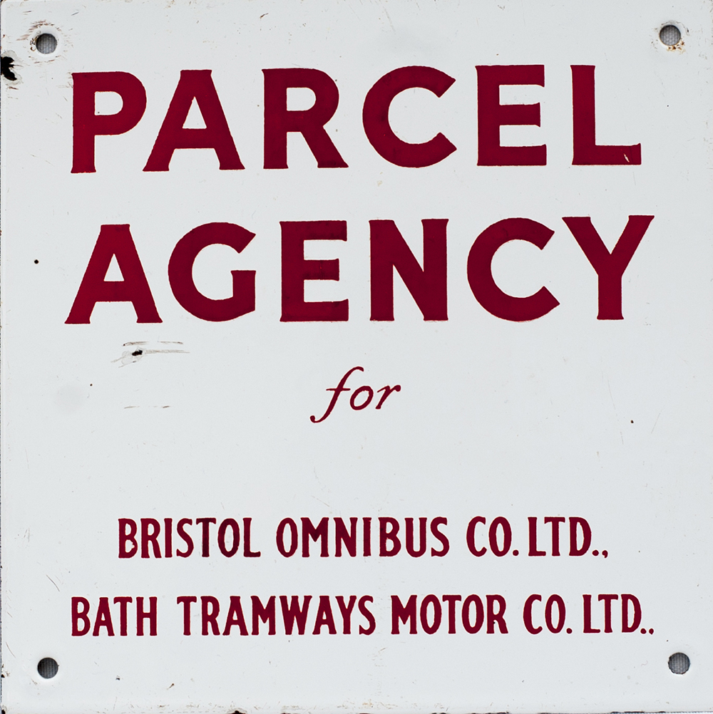 Motoring bus enamel sign PARCEL AGENCY FOR BRISTOL OMNIBUS CO. LTD., BATH TRAMWAYS MOTOR CO. LTD. In