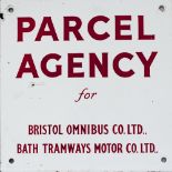 Motoring bus enamel sign PARCEL AGENCY FOR BRISTOL OMNIBUS CO. LTD., BATH TRAMWAYS MOTOR CO. LTD. In