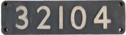 Smokebox numberplate 32104 ex LBSCR Billington E2 0-6-0 T built at Brighton in 1914 and originally