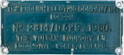 Worksplate THE ENGLISH ELECTRIC COMPANY LTD LONDON No 2814/D529 1960 THE VULCAN FOUNDRY LTD