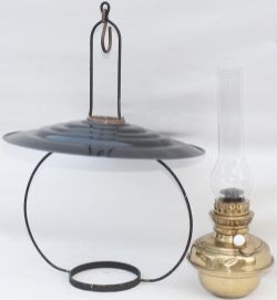 GWR signal box hanging lamp complete with reservoir, burner, glass chimney, hanging loop and