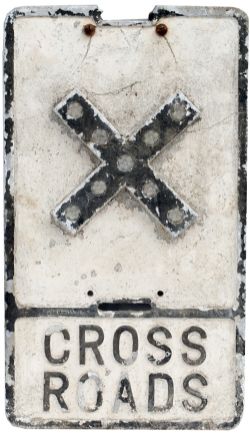 Road sign CROSS ROADS, cast aluminium with glass reflectors and makers name Gowshall Ltd. In