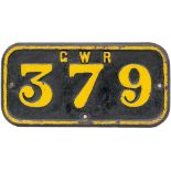 GWR cast iron cabside numberplate GWR 379 ex Taff Vale Railway Cameron 0-6-2 T built by Nasmyth