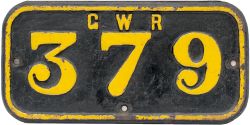 GWR cast iron cabside numberplate GWR 379 ex Taff Vale Railway Cameron 0-6-2 T built by Nasmyth