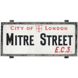 Motoring road street sign CITY OF LONDON MITRE STREET EC3. China glass with original zinc plated