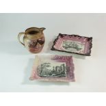 Two pink splashed lustre plaques and a jug