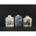 A Dutch delft tea caddy and two English pearlware caddies