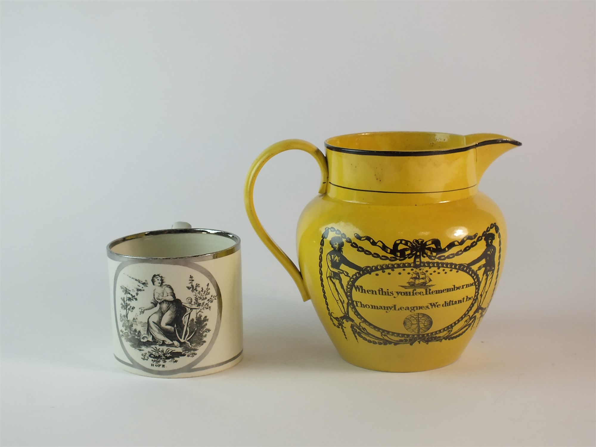 A 19th century canary yellow maritime jug and a silver lustre 'Hope' mug