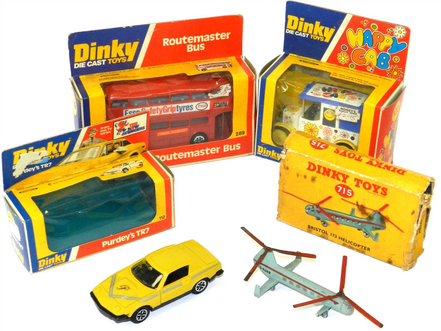 Boxed Dinky lot; Bristol 173 Helicopter, Purdey’s TR7, Happy Cab, LT Routemaster (4)