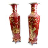 Pair of large Chinese red lacquer temple vases