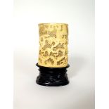 A Canton carved ivory tusk vase and stand