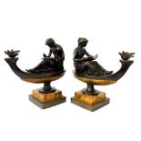 A pair of Louis XVI bronze gilt and Sienna marble oil lamps
