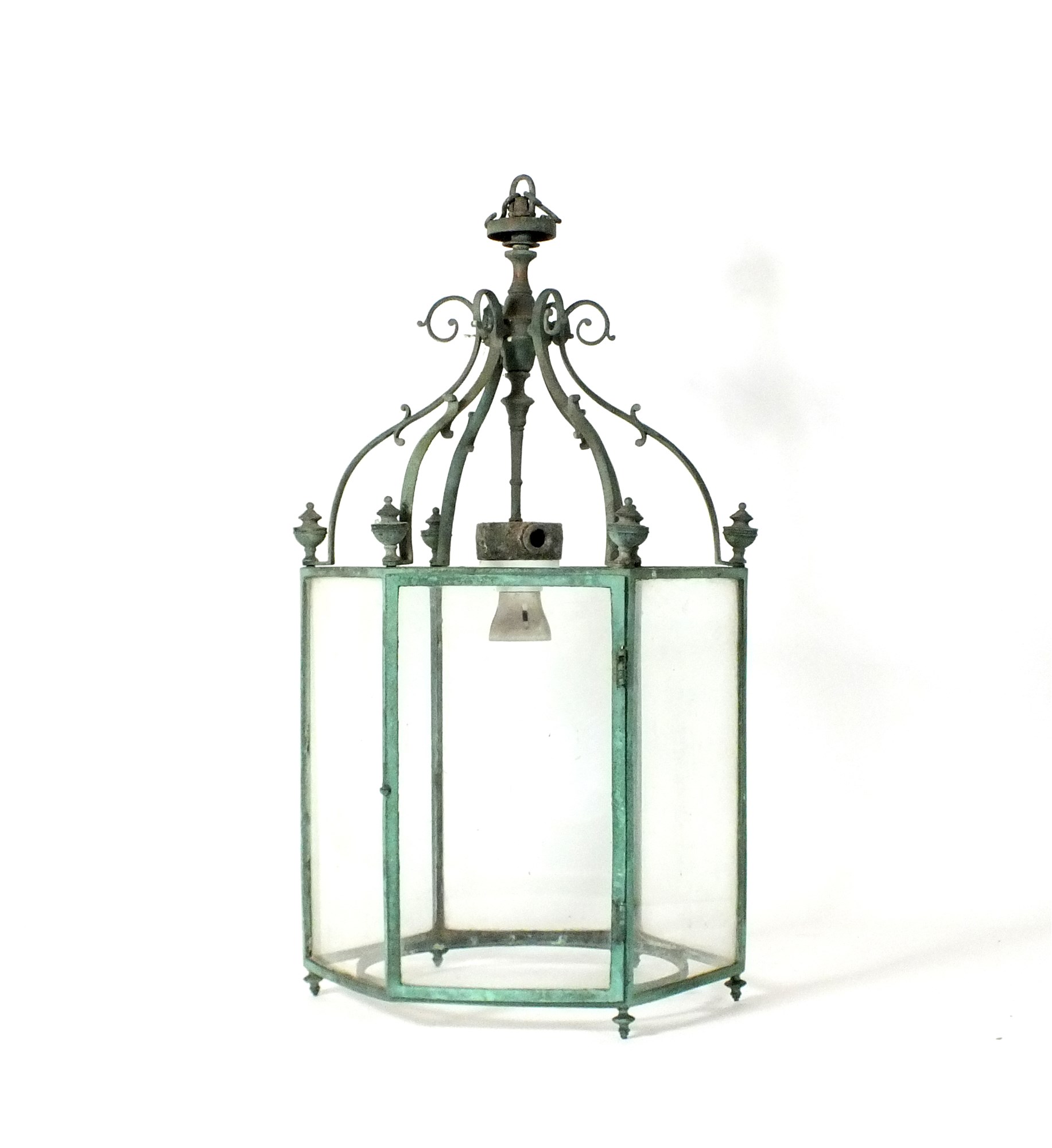 A hexagonal metal hanging hall lantern