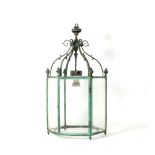 A hexagonal metal hanging hall lantern