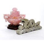 A Chinese rose quartz covered tripod censer