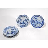 A set of five Chinese blue and white export octagonal porcelain plates