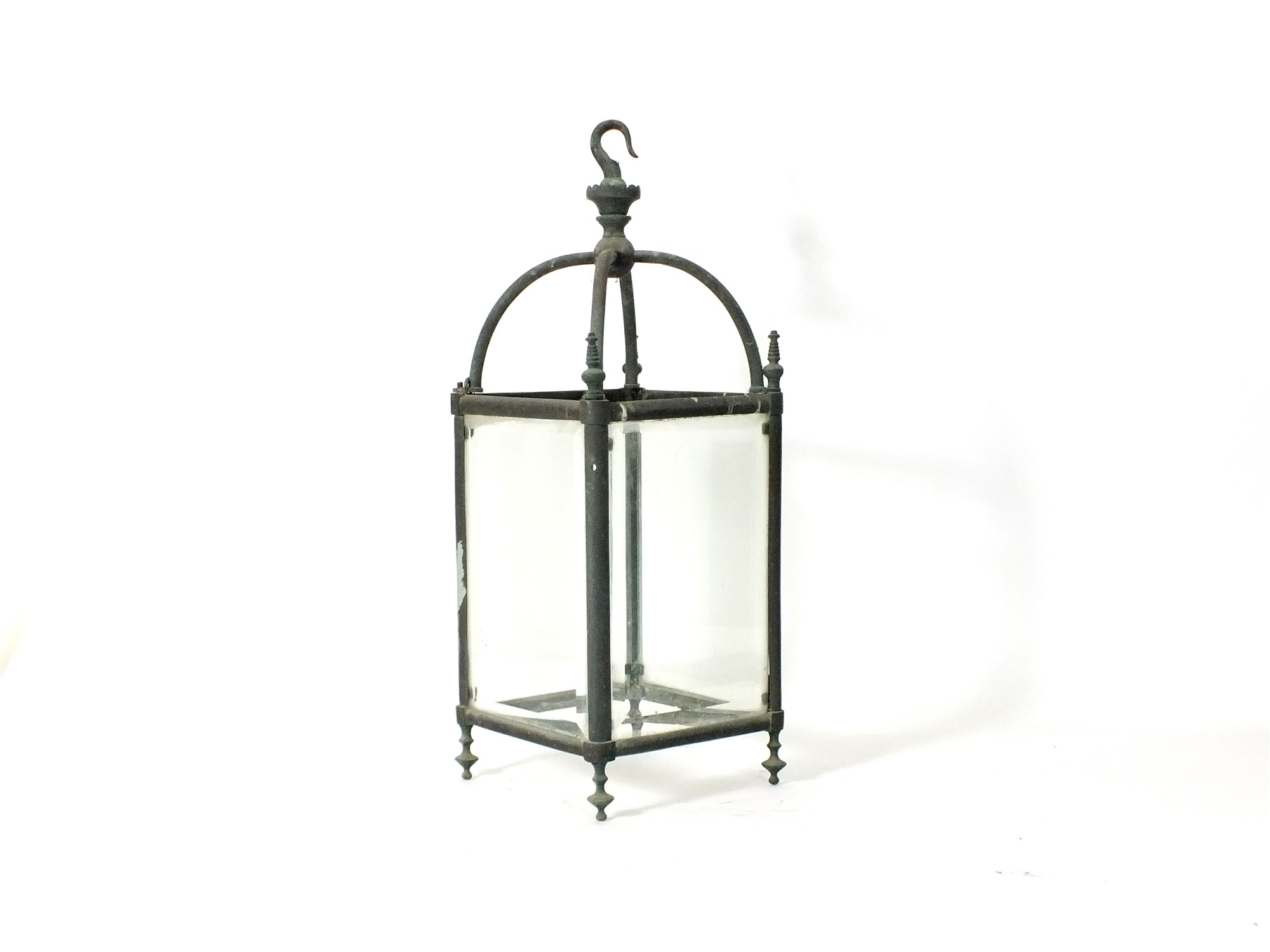 A late 19th century/early 20th century brass framed ceiling hall lantern