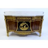 A French Louis XVI style marble top plum pudding mahogany ebony and ormolu mounted commode