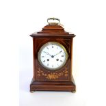 A late Victorian mahogany and boxwood inlaid caddy top mantel clock