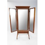 An Edwardian satinwood, rosewood crossbanded and boxwood and ebony strung triple cheval mirror