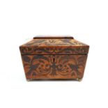 An early 19th century burr walnut veneered sarcophocus shaped tea caddy