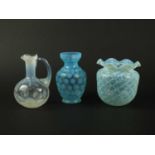 A Sowerby glassworks opal lattice vase and two moonstone vases