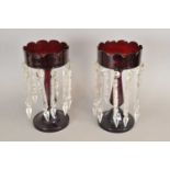 A pair of Victorian ruby glass table lustres
