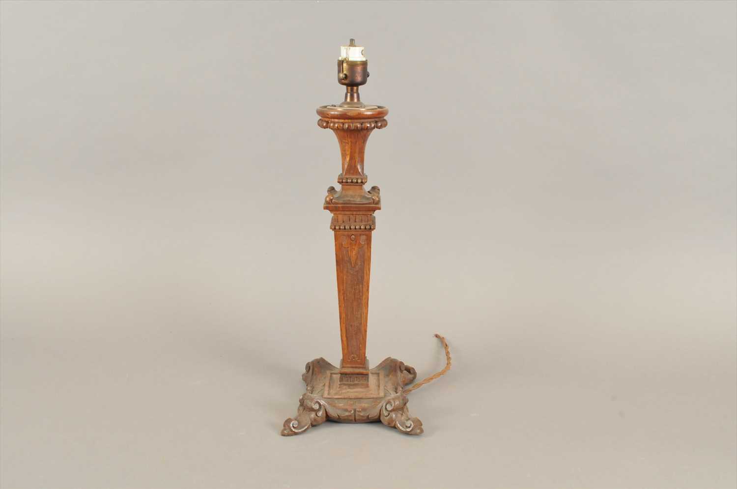 A carved oak table lamp made from timber from Westminster Hall in 1394/1399