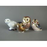 Four Royal Crown Derby imari paperweight owl models
