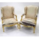 Pair of Louis XV style wing back upholstered chairs