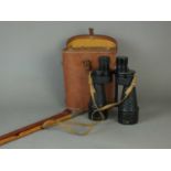 British WW2 Binoculars, Royal Artillery swagger stick and a riding crop