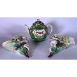 A BOOTHES PORCELAIN APPLE GREEN TEA POT DECORATED WITH EXOTIC BIRDS, together with a pair of