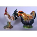 AN EARLY 20TH CENTURY CONTINENTAL PORCELAIN FIGURINE OF A COCKEREL, together with a tea pot in the