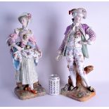 A LARGE PAIR OF 19TH CENTURY GERMAN PORCELAIN FIGURES OF A MALE AND FEMALE Meissen style, modelled