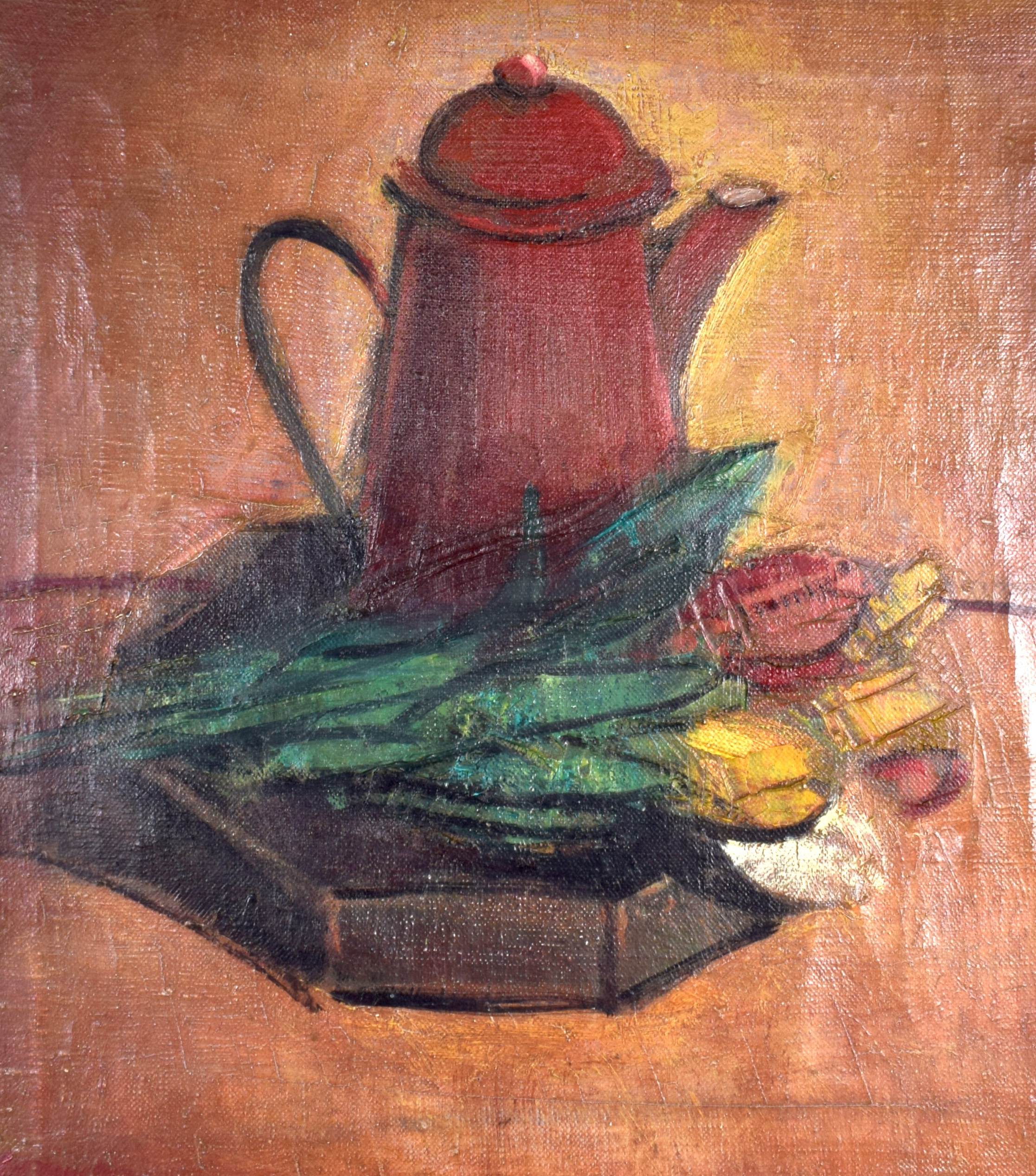 DES GORMAN (Scottish), framed oil on canvas, signed, "Red Coffee Pot & Tulips". 51 cm x 45 cm.