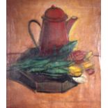 DES GORMAN (Scottish), framed oil on canvas, signed, "Red Coffee Pot & Tulips". 51 cm x 45 cm.