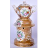 AN EARLY 20TH CENTURY PARIS PORCELAIN TEA POT ON STAND, decorated with panels of foliage. 26.5 cm