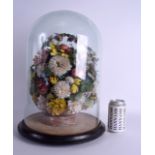 A LARGE EARLY VICTORIAN SHELL TAXIDERMY TYPE BASKET OF FLOWERS of unusual form within a glass