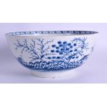 A LARGE 18TH CENTURY WORCESTER BLUE AND WHITE BOWL painted with landscapes. 18 cm x 8 cm.