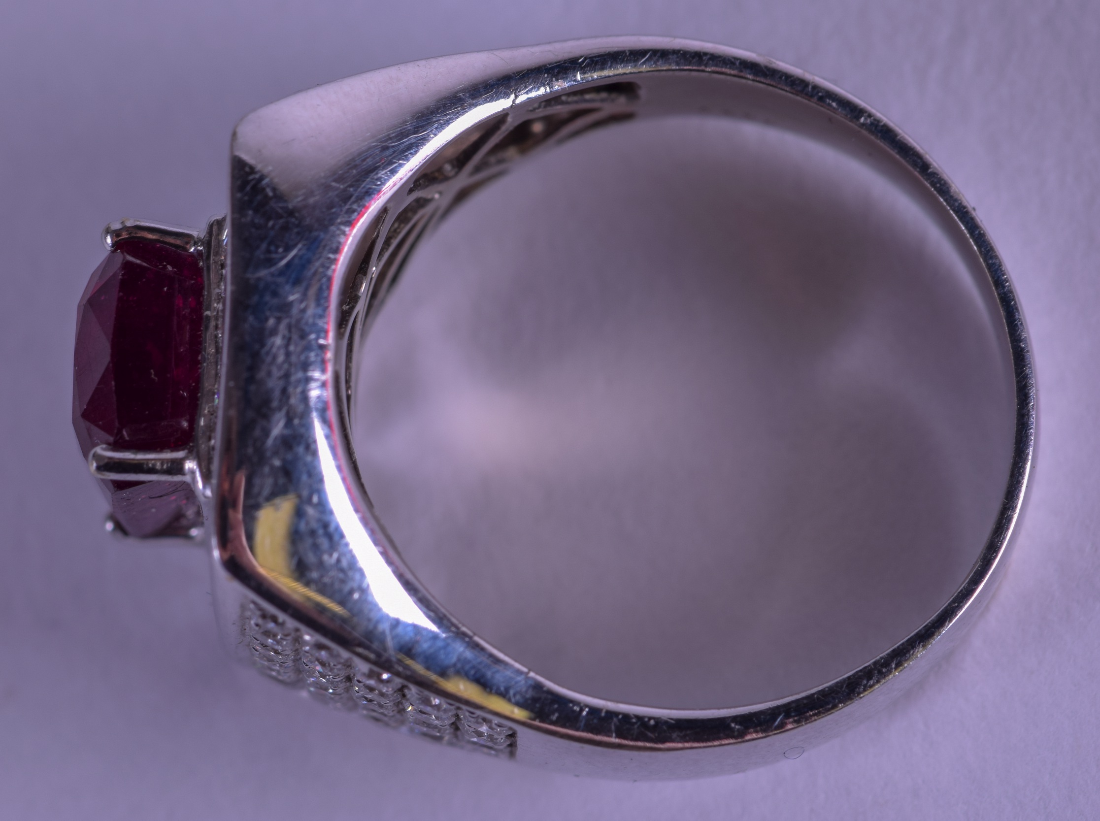 A GOOD 18CT WHITE GOLD AND RUBY DECO STYLE RING. Size W/X. - Image 2 of 3