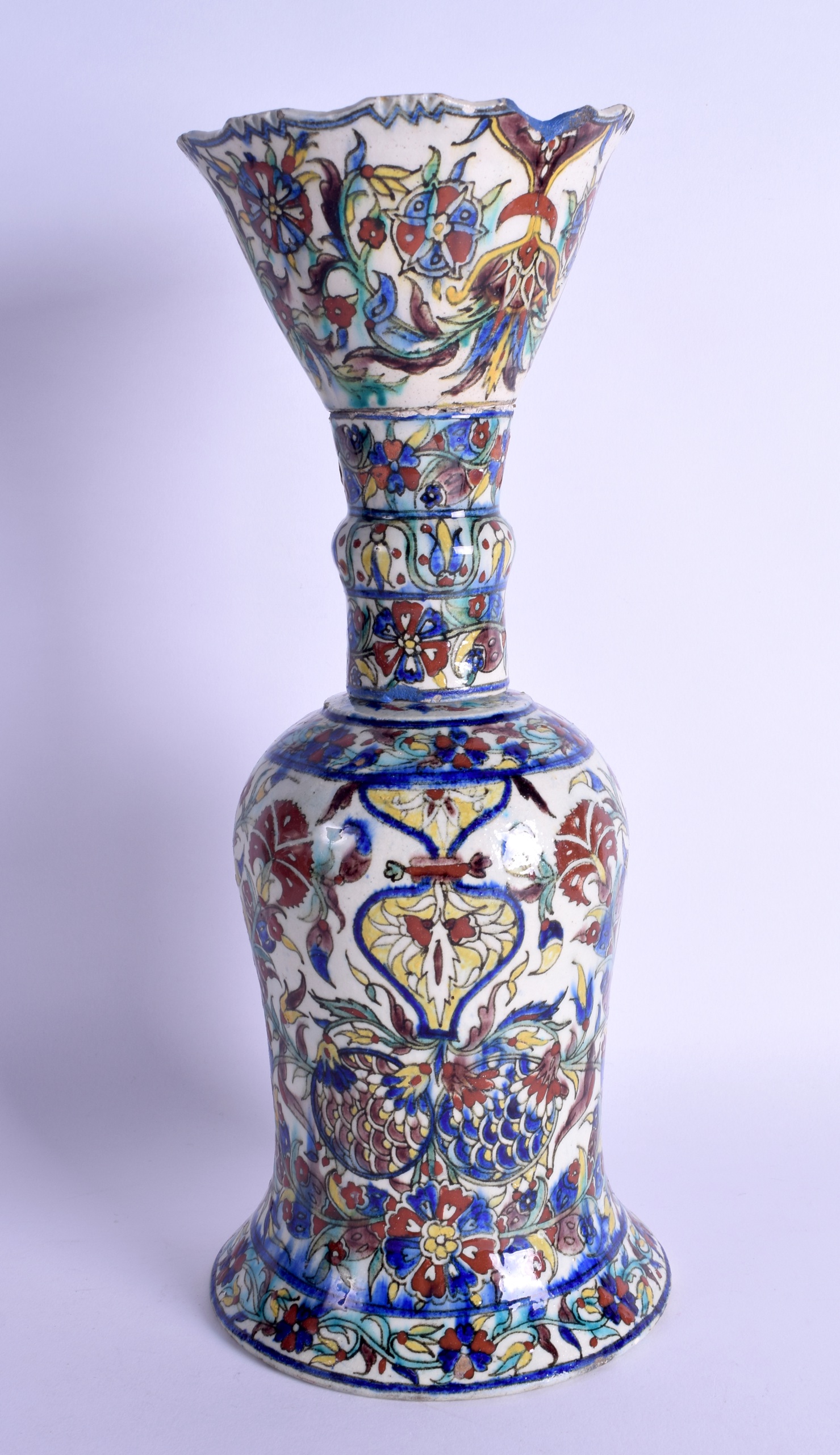 A RARE 19TH CENTURY PALESTINE JERUSALEM FAIENCE POTTERY HOOKAH BASE painted with floral sprays and