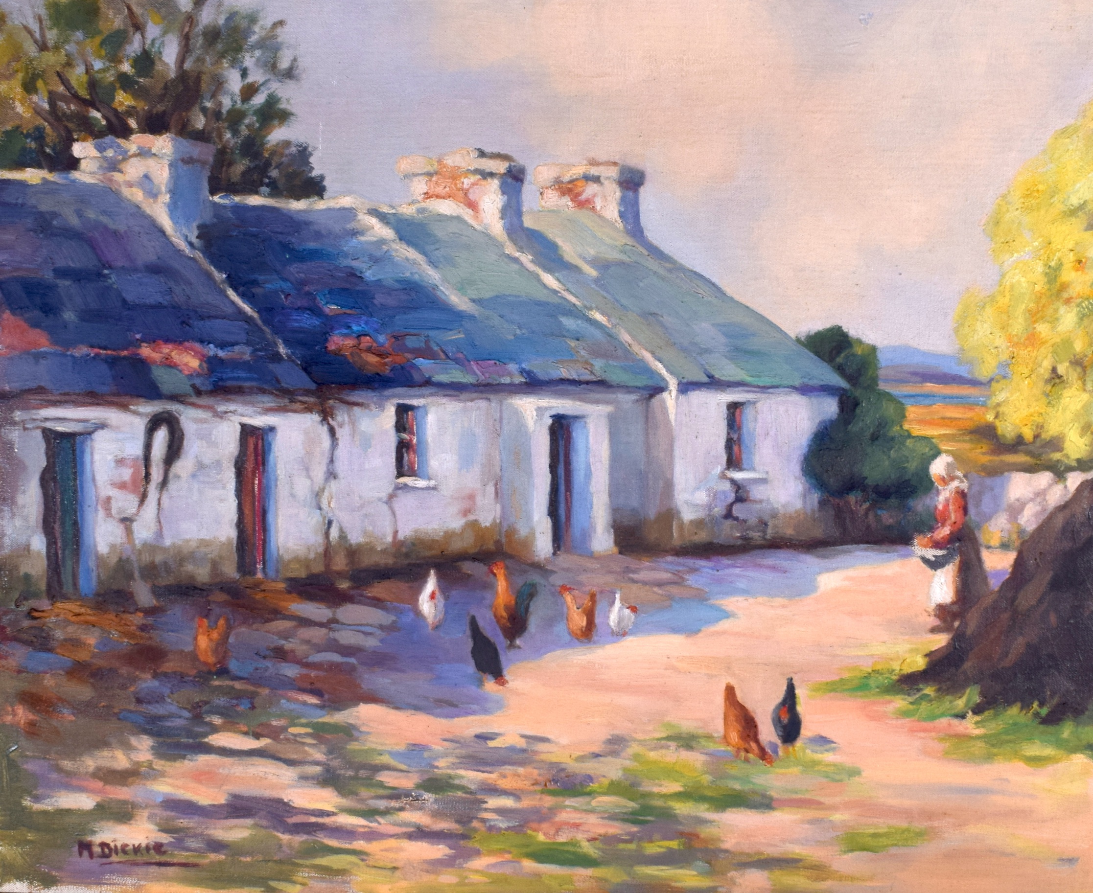 M DICKIE (British), framed oil on canvas, signed, a female feeding chickens beside a cottage in a