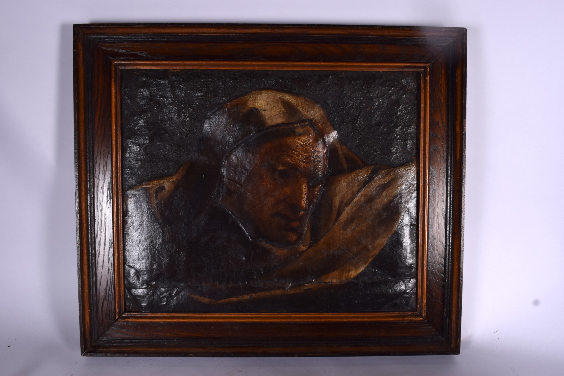 EUROPEAN SCHOOL (18th/19th century), framed oil on canvas, portrait of a hooded male, looking