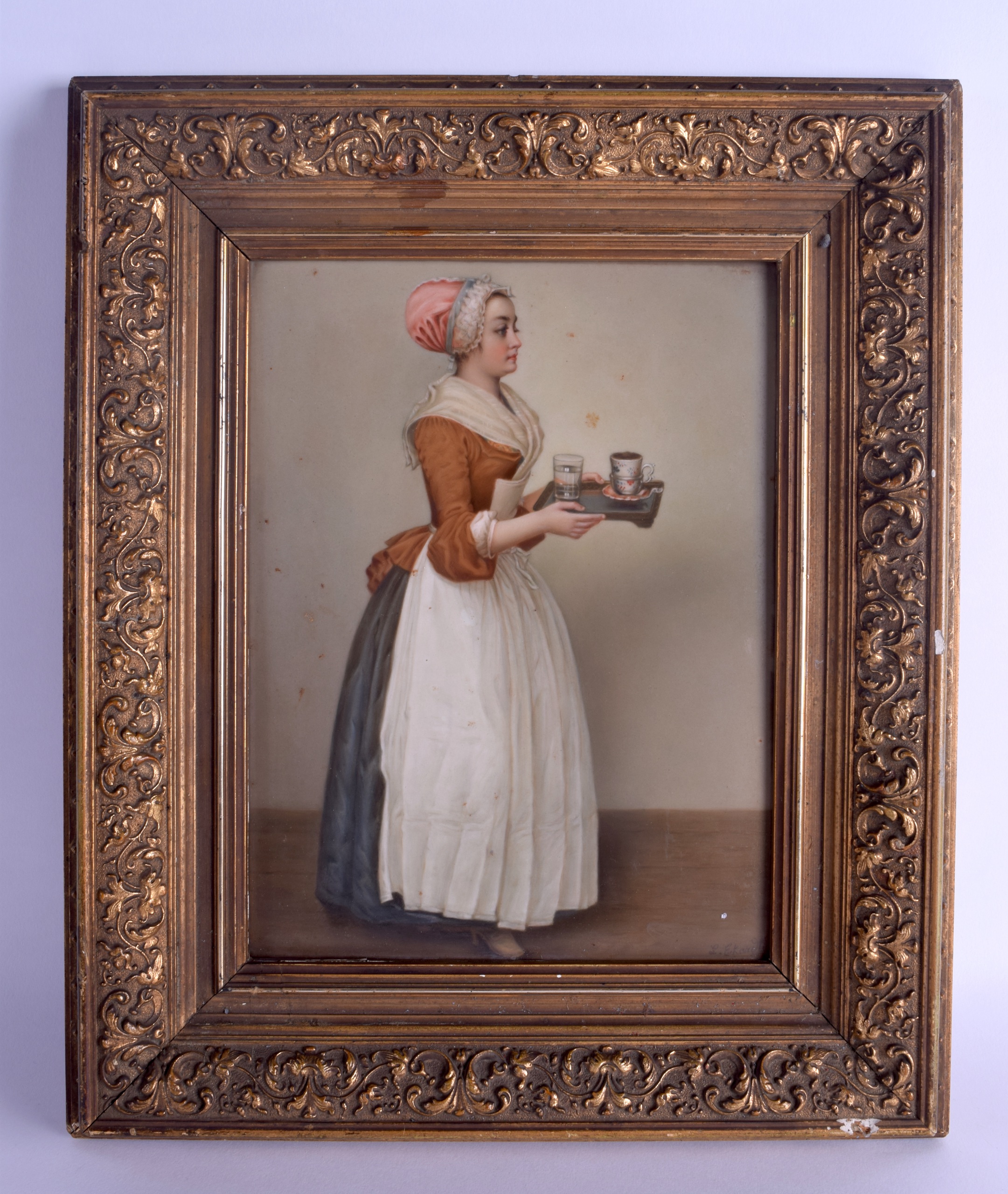 A LARGE LATE 19TH CENTURY GERMAN KPM PORCELAIN PLAQUE possibly KPM, painted with a figure holding