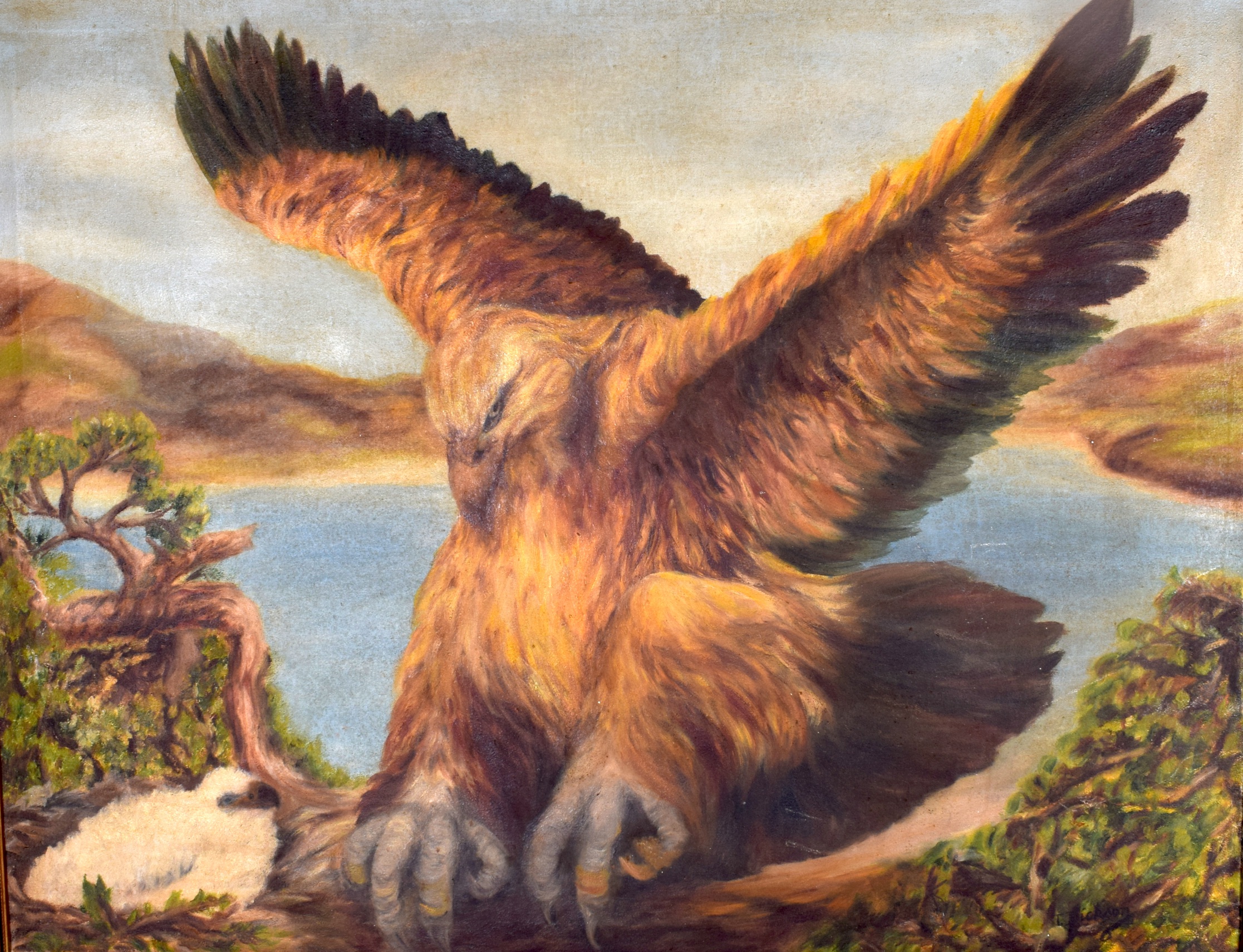 T DIXON (British), unframed oil on canvas, unsigned, mythical beast or Griffin in its nest beside