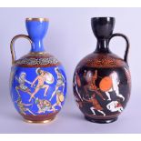 A PAIR OF 19TH CENTURY CONTINENTAL ANTIQUITY JUGS representing 'The Battle Between The Greeks &