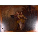 EUROPEAN SCHOOL (Early 20th century), unframed oil on panel, a courting couple on a bridge in a