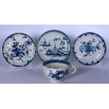 A SMALL GROUP OF 18TH CENTURY BLUE AND WHITE WORCESTER PORCELAIN, three saucers, one decorated